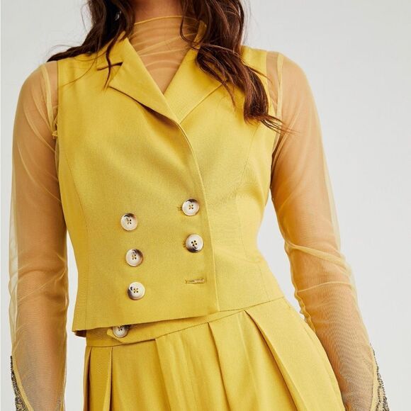 NWT Free People Gabbie Vest Suit Tuxedo Cropped Tailored Slim Collared Mustard - Picture 3 of 16